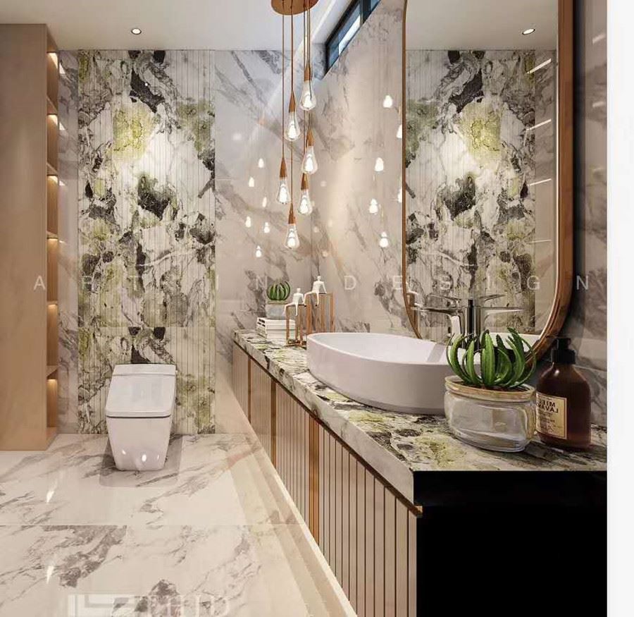 Green color natural marble grooved wall design and vanity top for bathroom